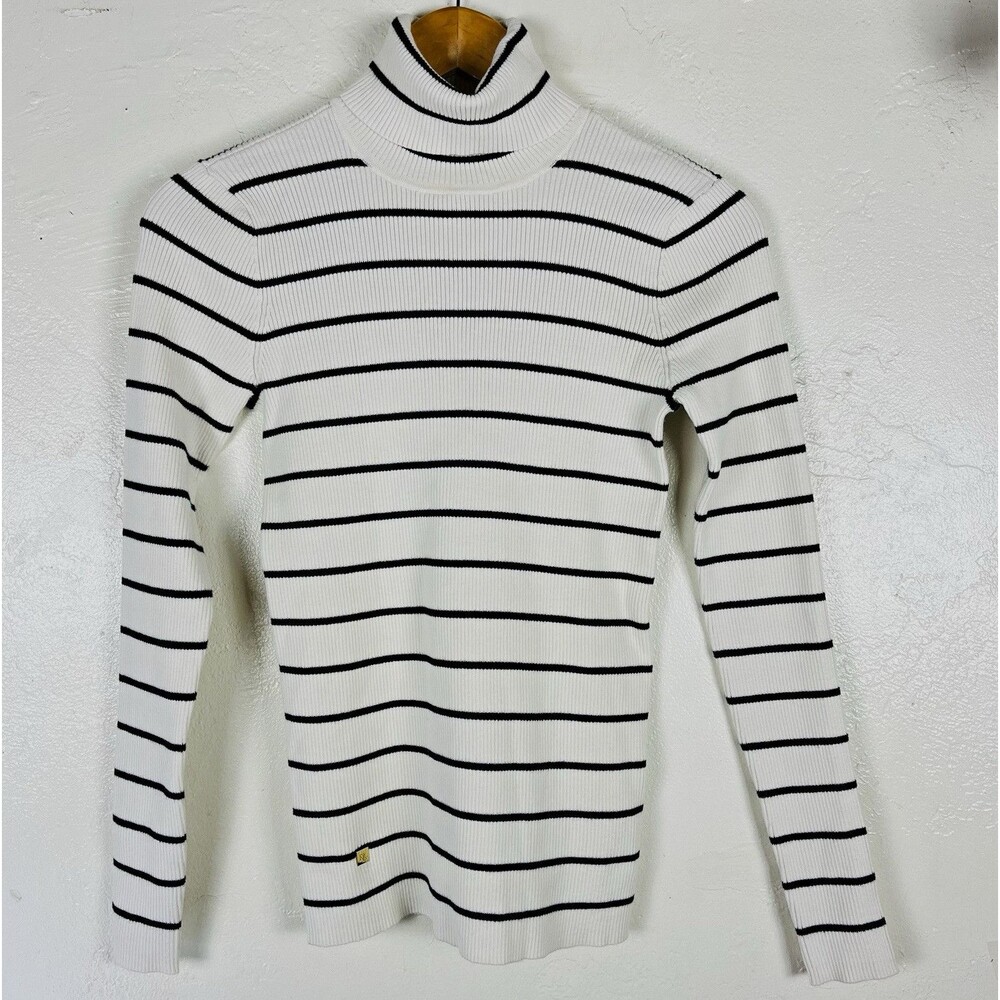 Lauren Ralph Lauren Women’s M Ivory Black Striped Ribbed Turtleneck Sweater - Picture 2 of 12